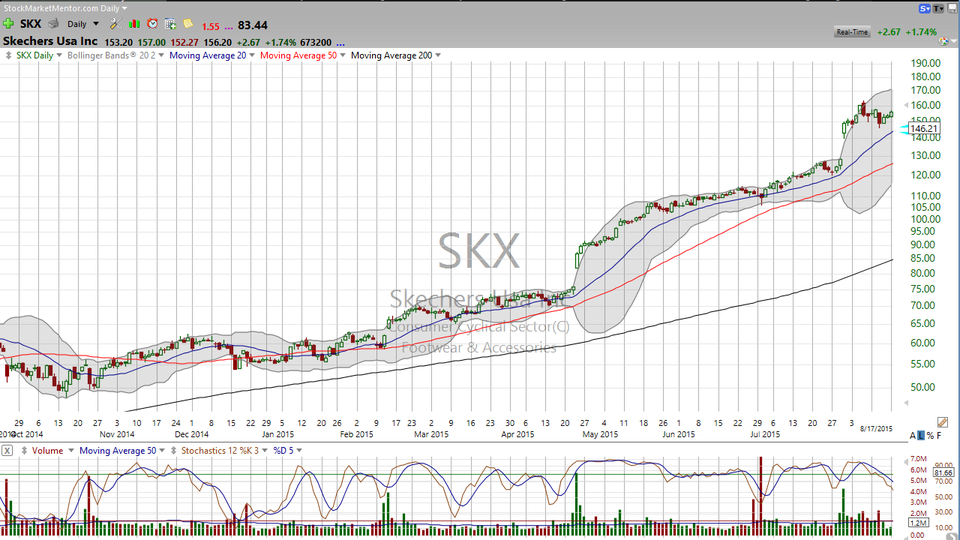 Here's a stock that continues to act well after a pullback.  Check out Sketchers (SKX). (September 17, 2015)
